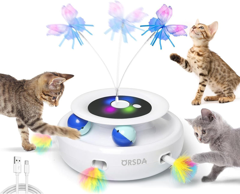 ORSDA Cat Toy, 3-in-1 Automatic Cat Toys for Indoor Cats, Electronic Whack a Mole, Fluttering Butterfly,Track Balls Kitten Toy, Rechargeable Power Interactive Feather Toys for All Breeds White - BeesActive Australia