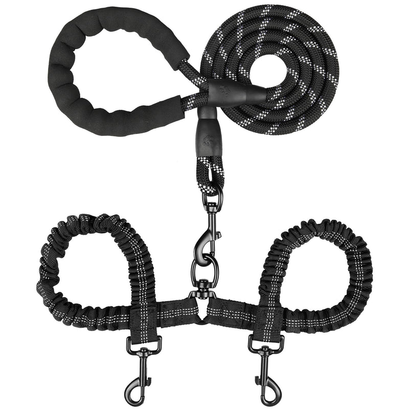 Double Dog Leash, Dual Dog Leash, 360 Swivel Tangle Free Bungee Walking Training Leash for Large Medium Dogs, Shock Absorbing Bungee Reflective Leash for Two Dogs, 18~120 lbs, Black - BeesActive Australia