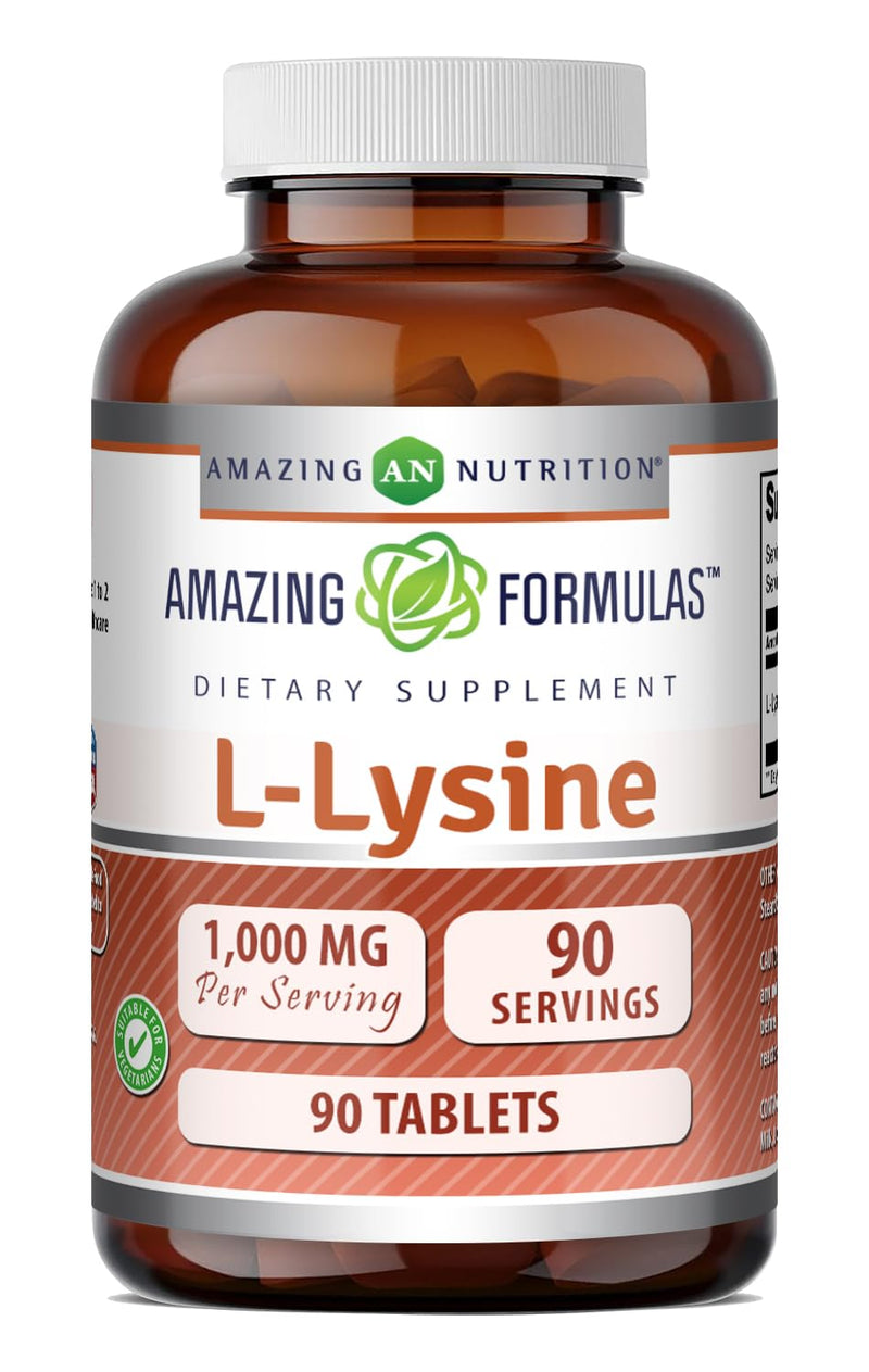 Amazing Formulas L-Lysine 1000mg Amino Acid Tablets Supplement | Non-GMO | Gluten Free | Made in USA (90 Count) 90 Count