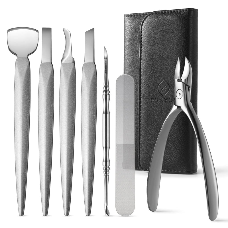 FERYES Pedicure Knife Ingrown Toenail Kit, 7 PCS Professional Pedicure Tool Toenail Grooming Kit, Top Notch Foot Blade, Super Sharp Toenail Clippers (Leather case included) 7PCS
