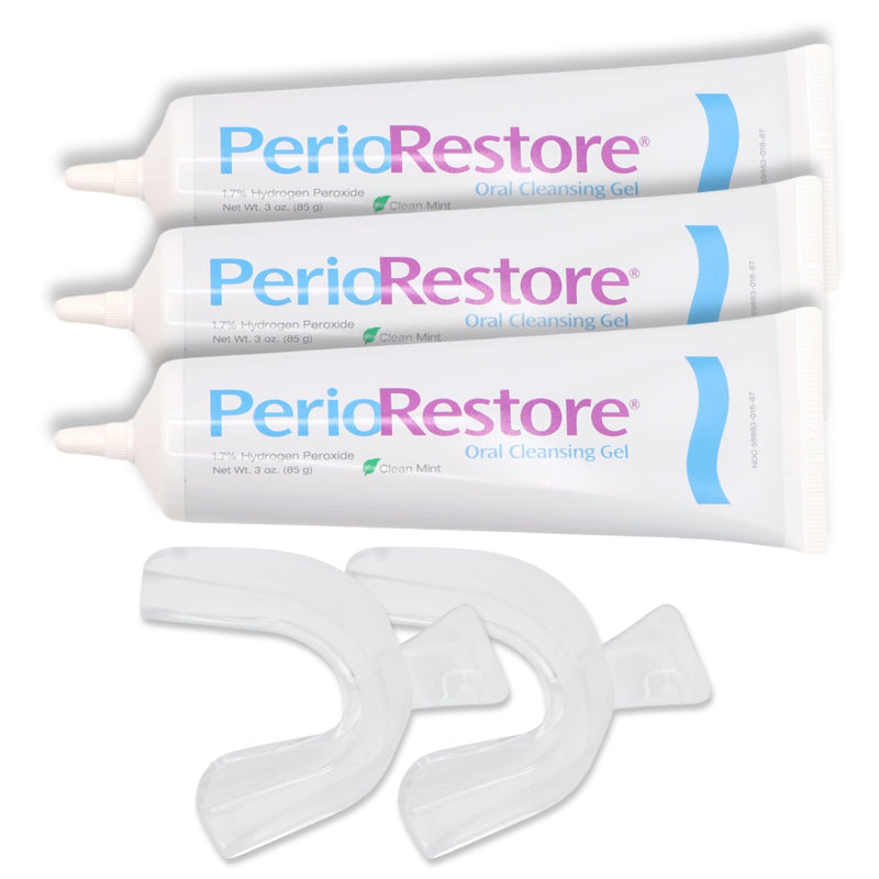 Perio Restore¬Æ Gel 3 Ounce Tube; 3 Pack. 1.7% Hydrogen Peroxide Oral Cleansing Treatment Gel. Includes Two (2) Trays for Ease of Application. Mint Flavor