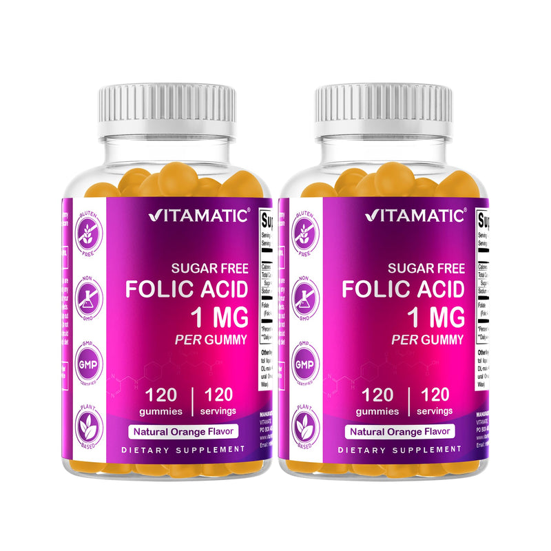 Vitamatic Sugar Free Folic Acid 1 mg Gummies 120 Count Orange Flavor-2 Pack | 1 mg Folic Acid, 1667 mcg DFE per gummy, Healthy cell growth, red blood cell formation, Gluten Free, Non GMO 60 Count (Pack of 2)