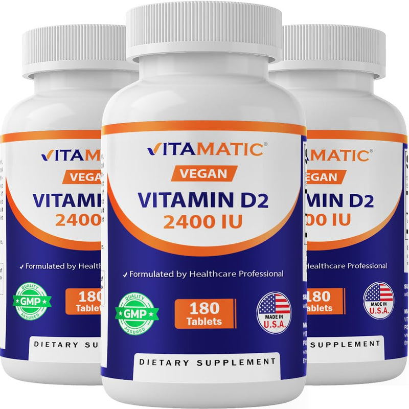 Vitamatic Vegan Vitamin D2 2400 IU Tablets, 180 Count (3 Pack) | Ergocalciferol, Immune Health Support*, Non-GMO, Gluten Free, Made in USA 3 Bottles
