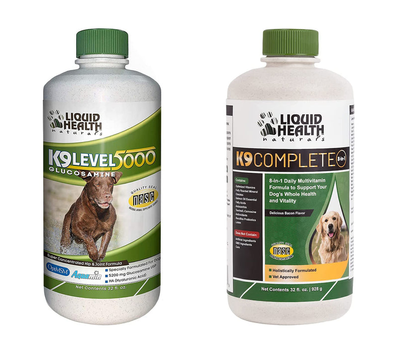 LIQUIDHEALTH Pets K9 Level 5000 Glucosamine Chondroitin Hip & Joint Formula & K9 Complete 8-in-1 Multivitamin for Dogs & Puppies - Pet Supplement Bundle for Joint Health, Mobility, Immune Support - PawsPlanet Australia