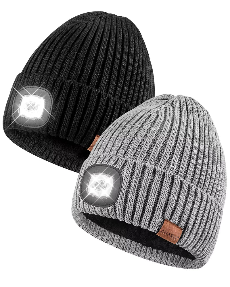 Beanie with Light for Men 2 Pack, Hat with Light Built in Rechargeable Winter Warm Knitted Headlamp Caps, Gift for Men Dads Husband Led Beanie Hats with Light(Black&Light Gray) One Size Black&light Gray