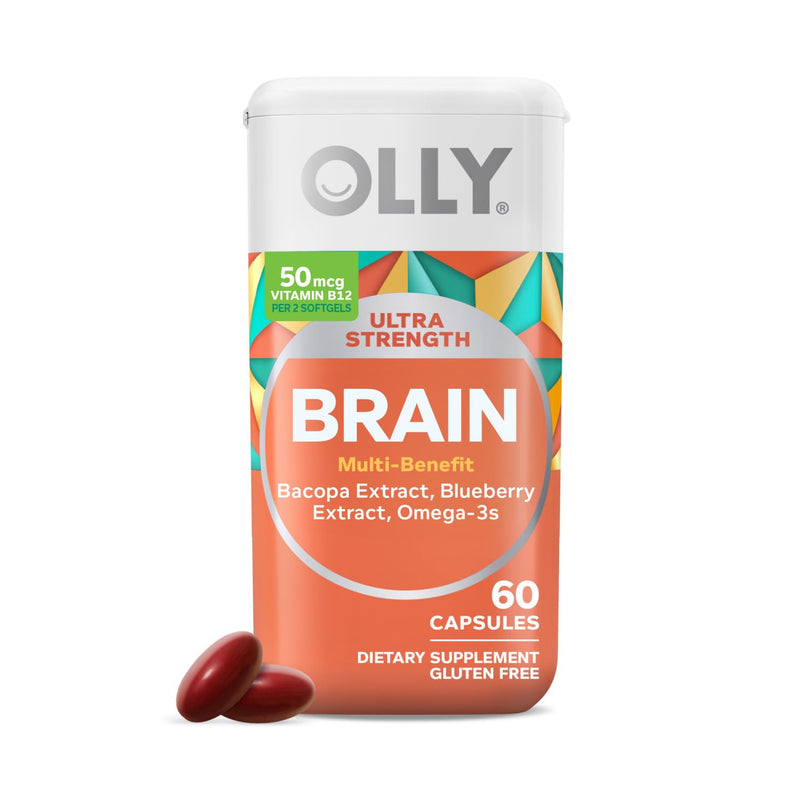OLLY Ultra Strength Brain Softgels, Omega-3s, Vitamins B6 and B12-60 Count 60 Count (Pack of 1)