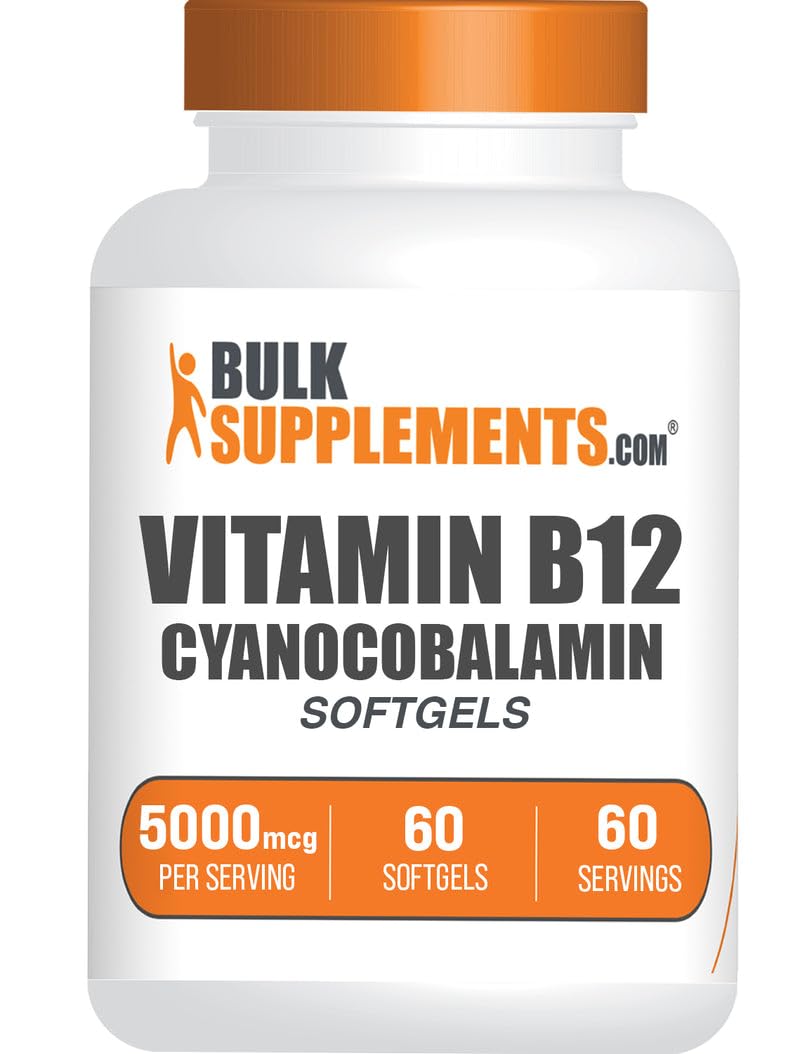 BulkSupplements.com Vitamin B12 5000 mcg Softgels - as Cyanocobalamin, Vitamin B12 Supplements, for Energy Support - Gluten Free, 1 Softgel per Serving, 60 Count (Pack of 1) 60 Count (Pack of 1)