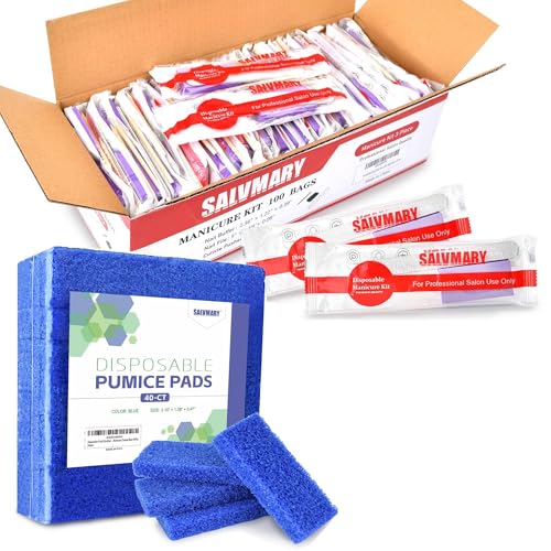 Disposable Pumice Pads and Professional Manicure Kit Bundle 140 Pack, Include Foot Scrubber Sponge Pedicure Stone 40 Pack and Disposable Manicure Kit Basics 3 Piece Nail Kit 100 Pack