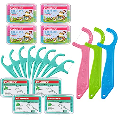 FAMILIFE Floss Picks Mint Dental Floss Picks with 4 Travel Handy Cases 240 Count Flossers and FAMILIFE Kids flossers Toddler Threaders Children Unwaxed Unflavored Fluoride Free Dental Floss Child Kid