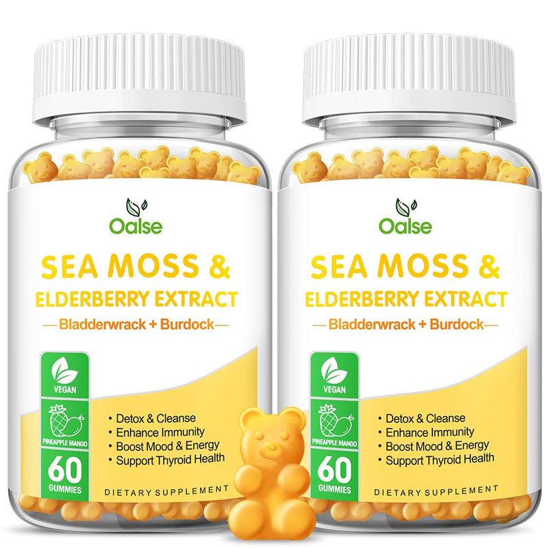 Sea Moss Gummies for Adults and Kids, 2-Pack, Mango Pineapple | 2000mg Raw Seamoss, Bladderwrack, Burdock Root, Elderberry, Pepper, Vitamin C & D3, Zinc Supports Immune 60 Count (Pack of 2)