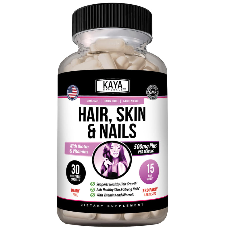 Kaya Naturals Hair Skin Nail Capsules, 30 Count | Biotin, Vitamin D, Vitamin B-12, Vitamin A, Folic Acid 30 Count (Pack of 1)