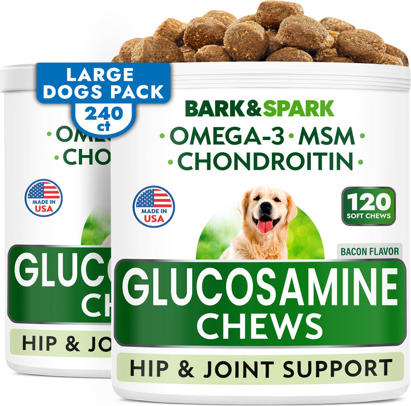 Glucosamine Chondroitin Dog Hip & Joint Supplement - Joint Pain Relief - Hip & Joint Chews for Dogs - Joint Support Large Breed - Senior Doggie Vitamin Pills Joint Health - (240 Treats - Bacon) 240Ct (Value Pack) - Large Dogs - BeesActive Australia