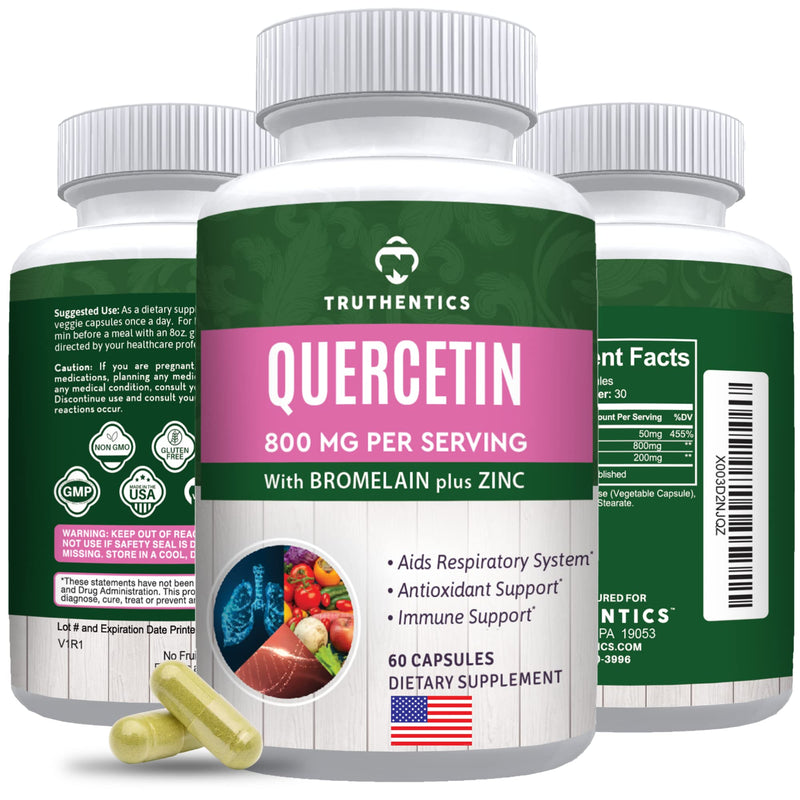 TRUTHENTICS Quercetin with Bromelain and Zinc 1050mg, Vegan, 60 Capsules | Premium Zinc Quercetin Supplements, Immune, Respiratory & Seasonal Support, Non-GMO, Gluten Free, Third Party Tested