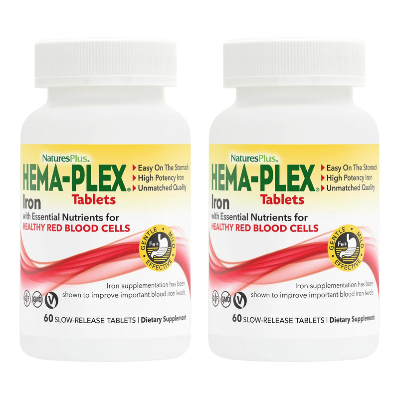 NaturesPlus Hema-Plex Iron - 60 Slow-Release Tablets, Pack of 2 - Total Blood Health - 85 mg Chelated Iron - with Vitamin C & Bioflavonoids - Non GMO, Vegetarian & Gluten Free - 120 Total Servings 60 Count (Pack of 2)
