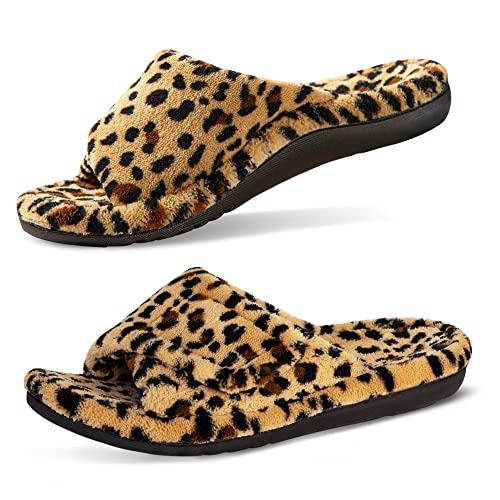 GRITHEIM Women's Orthotic Arch Support Slippers Fuzzy Adjustable Orthopedic Slippers for Plantar Fasciitis Furry Slide for Ladies 10 Leopard