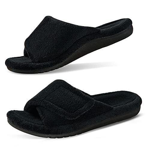 GRITHEIM Women's Orthotic Arch Support Slippers Fuzzy Adjustable Orthopedic Slippers for Plantar Fasciitis Furry Slide for Ladies 9 Black