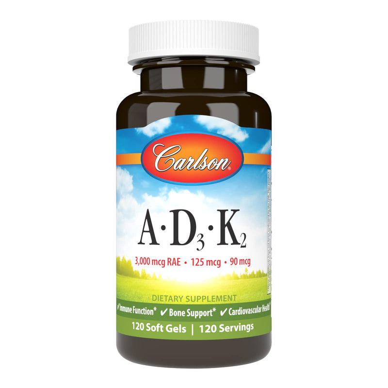 Carlson Vitamins A, D3, K2, 120 Soft Gels | 3000 mcg RAE Vitamin A; 125 mcg Vitamin D3; 90 mcg Vitamin K2 as MK-7; Bone Building; Calcium Utilization 120 Count (Pack of 1)