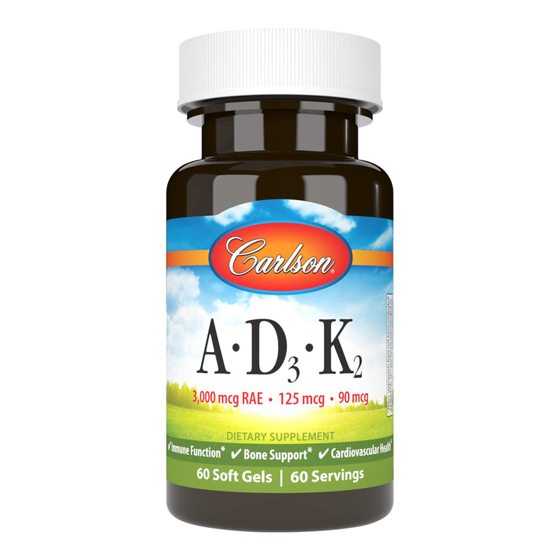 Carlson Vitamins A, D3, K2, 60 Soft Gels | 3000 mcg RAE Vitamin A; 125 mcg Vitamin D3; 90 mcg Vitamin K2 as MK-7; Bone Building; Calcium Utilization 60 Count (Pack of 1)