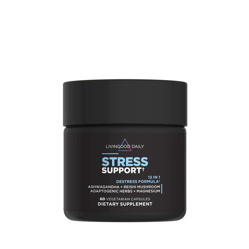 Livingood Daily Stress Support Supplement with Ashwagandha, 60 Capsules | 12-in-1 Calming Vitamins for Healthy Cortisol Levels, Adaptogenic Herbs, Reishi Mushroom, Vitamin B6, Magnesium, Made in USA