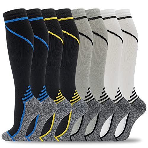 fenglaoda 8 Pairs Compression Socks for Men & Women 20-30 mmHg Knee High Nurse Pregnant Running Medical and Travel Athletic Large-X-Large 00-8 pairs-blue/yellow/grey/white line-NEW