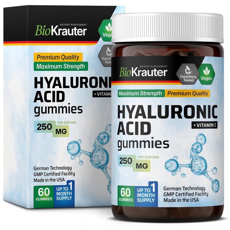 BIO KRAUTER Hyaluronic Acid with Vitamin C for Skin Hydration, 60 Gummies | Vegan Hyaluronic Acid Supplements 250 mg Strength for Beauty & Collagen Support, Banana Flavor, Herbal Supplements 60 Count (Pack of 1)
