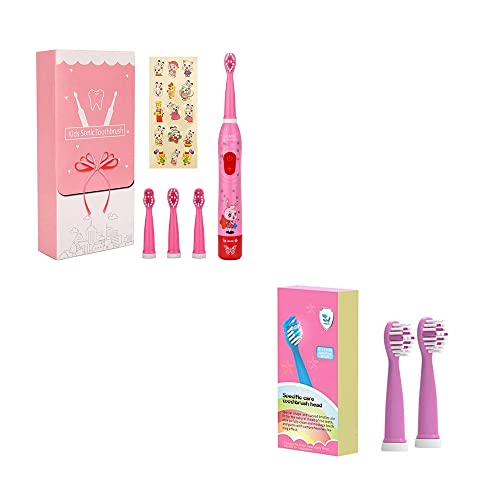 OJV 8630 Kids Sonic Electric Toothbrushes & 2 Pack Replacement Toothbrush Heads (Pink)