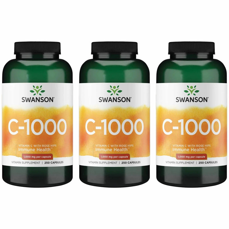 Swanson Vitamin C with Rose HIPS Immune System Support Skin Cardiovascular Health Antioxidant Supplement 1000 mg 250 Capsules (Caps) (3 Pack) 250 Count (Pack of 3)