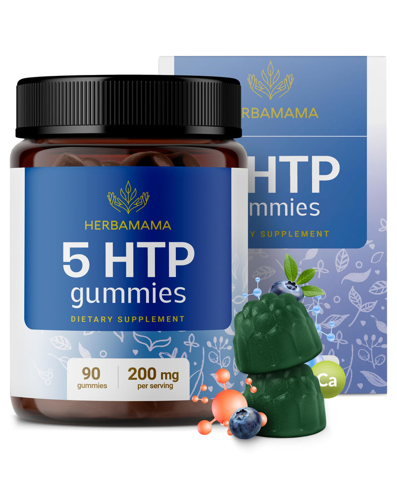 HERBAMAMA 5-HTP Gummies - 200mg 5-Hydroxytryptophan Relaxation & Calm Gummies for Adults - Vegan, Non-GMO Brain Support Supplement - 90 Pectin-Based Blueberry-Flavored Chews