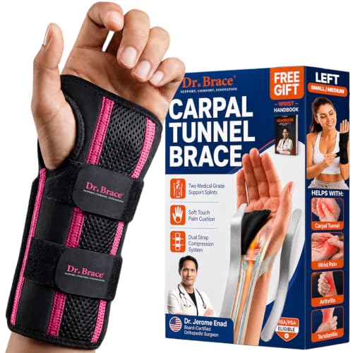 DR. BRACE Adjustable Wrist Brace Night Support for Carpal Tunnel, Doctor Developed, Upgraded with Double Splint & Therapeutic Cushion,Hand Brace for Pain Relief,Injuries,Sprains (S/M Left Hand, Black-Pink) Small/Medium (Left Hand)