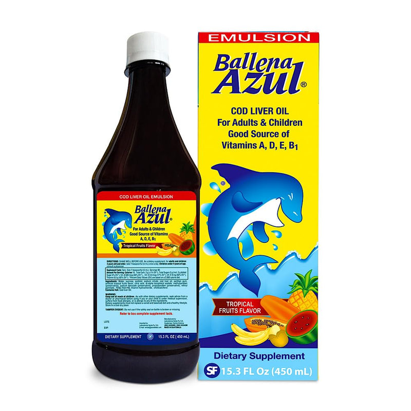 Ballena Azul Aceite de Hígado de Bacalao para Adultos y Niños, COD Liver Oil for Adults and Children, Good Source of Vitamins, Dietary Supplement, Omega 3 (Tropical Fruits 15 OZ)