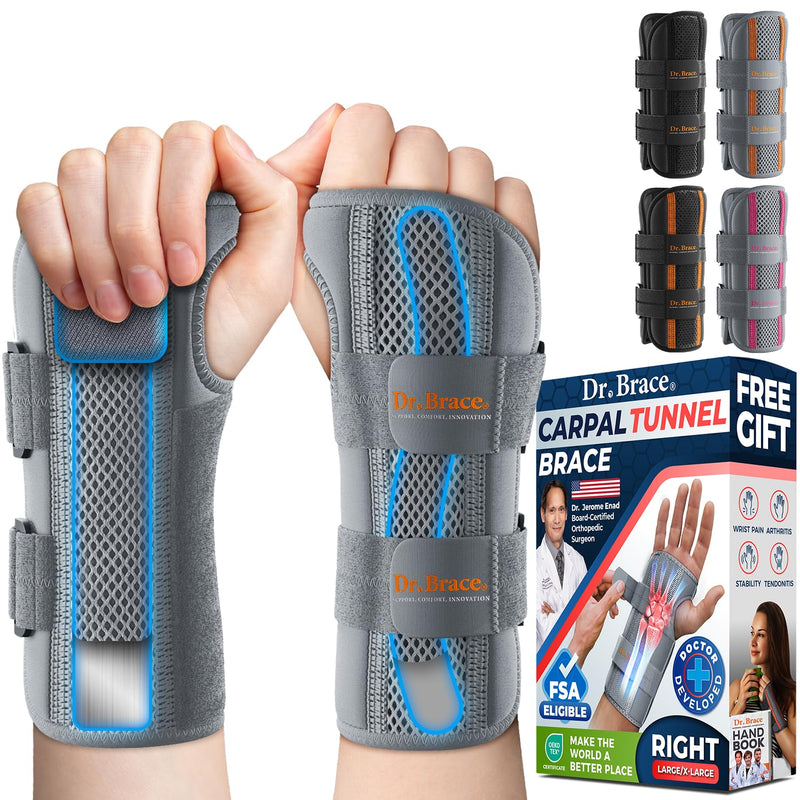 DR. BRACE Adjustable Wrist Brace Night Support for Carpal Tunnel, Doctor Developed, Upgraded with Double Splint & Therapeutic Cushion,Hand Brace for Pain Relief,Injuries,Sprains (L/XL Right Hand, Grey) Large/X-Large (Right Hand)