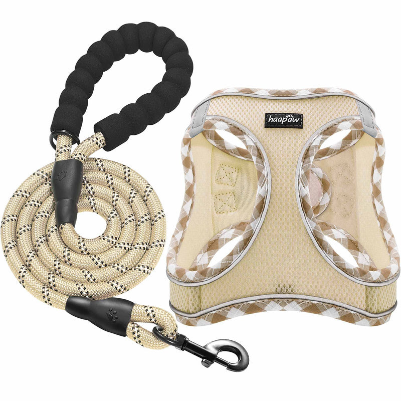 Dog Harness with Leash Set, No Pull Adjustable Reflective Step-in Puppy Harness with Thickened Padded Vest for Extra-Small/Small Medium Dogs M (Chest 15''-18'', Weight 10-15 lb) Beige - BeesActive Australia