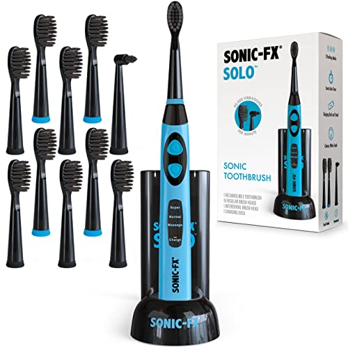 Sonic-FX Solo Electric Toothbrush w/ 10 Brush Heads + 1 Interdental, Charcoal Bristles, Rechargeable, Charging/Storage Base, 3 Brush Modes, Smart Timer, 2 Months Use on Full Charge, Blue Color 8 Pack - Blue