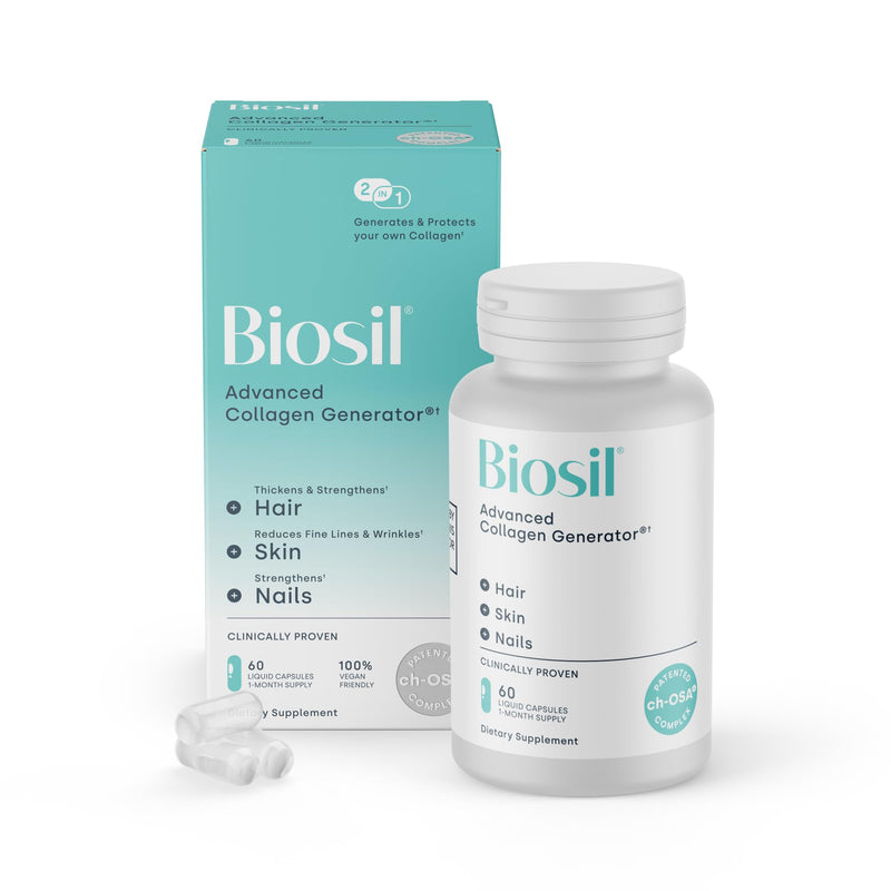 Biosil Collagen Booster Supplement - 60 Vegan Capsules - Patented ch-OSA Activator for Skin, Hair, Nails & Joints - Supports Natural Production - 30-Day Supply 60 Liquid Capsules (Pack of 1)