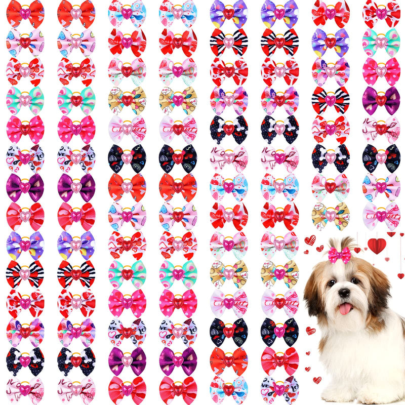 Tondiamo 100 Pack Valentine's Day Dog Hair Bows with Rubber Bands Valentine's Day Puppy Bows Rhinestone Pet Hair Accessories Dog Bows Grooming for Small Girl Dogs (Heart Pattern) Heart Pattern - BeesActive Australia