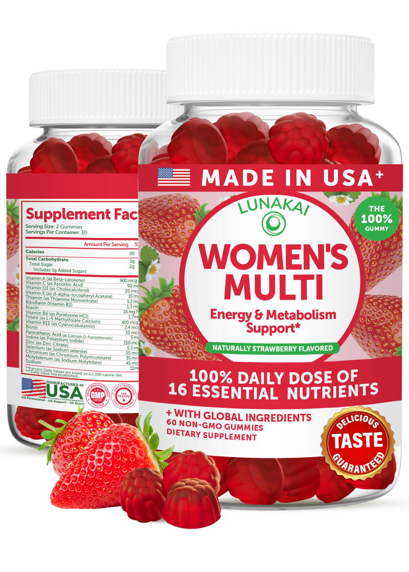 Lunakai USA Made Womens Multivitamin Gummies - Delicious Daily Dose with 16 Multi Vitamins for Women - Energy & Immune Support, Non-GMO, 60 Ct 60 Count (Pack of 1) Strawberry Multivitamin Gummies