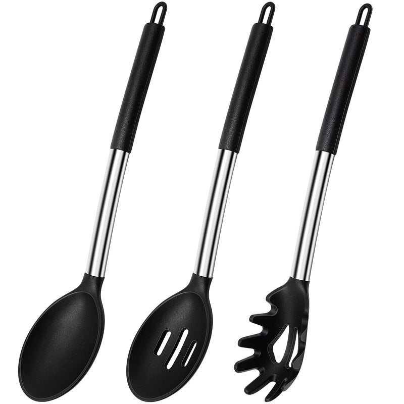 Silicone Cooking Spoons, Large Heat Resistant Silicone Pasta Slotted Spoon Solid Spoon for Nonstick Cookware, BPA Free Black Silicone Kitchen Spoons Dishwasher Safe for Cooking Mixing Serving, 3 Pack 13 inch silicone cooking Spoons - BeesActive Australia