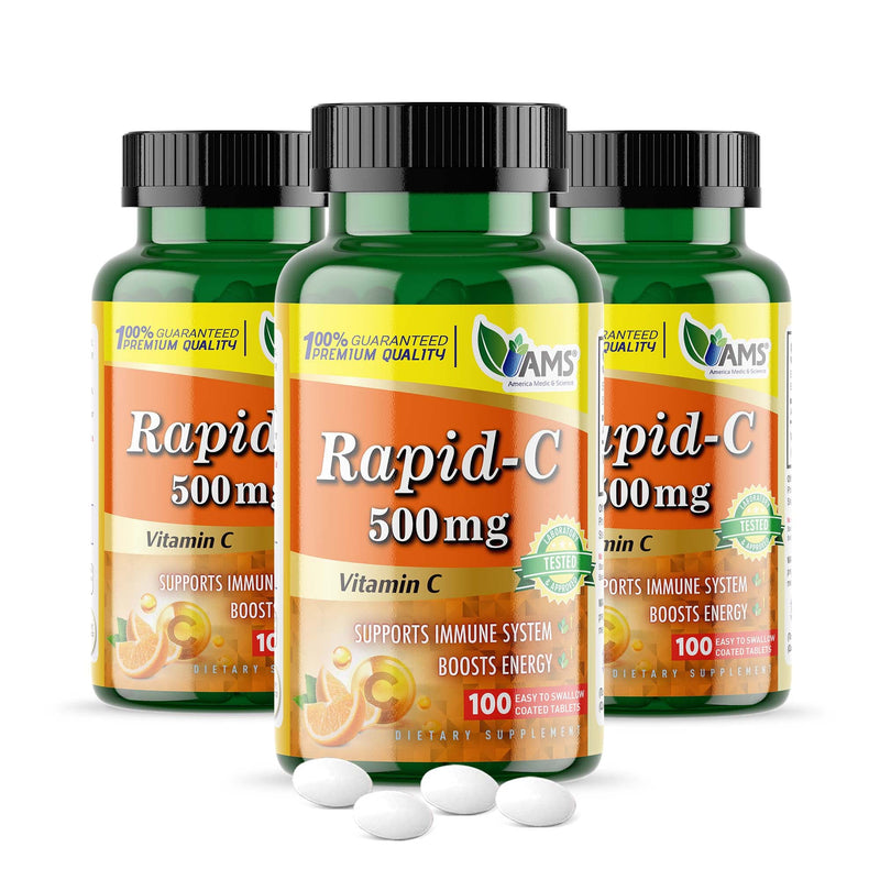 America Medic & Science Rapid-C 500mg Vitamin C Supplement (3 Pack of 100 Tablets) Energy Booster, Daily Immune System Support, Antioxidant | Vegan, Non-GMO Coated Ascorbic Acid for Adult Men & Women 100 Count (Pack of 3)
