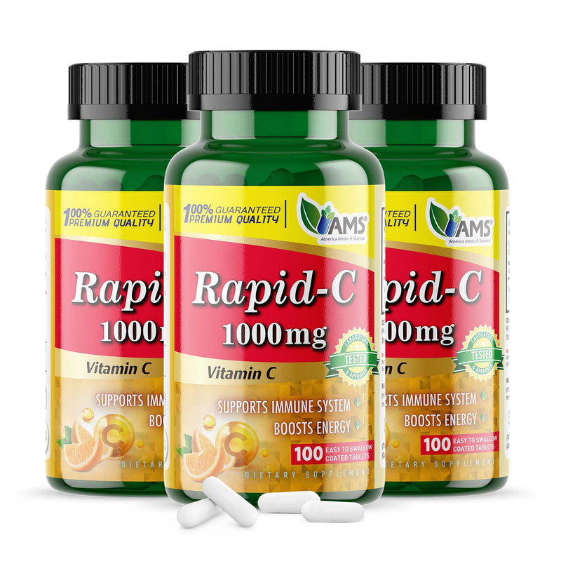 America Medic & Science Rapid-C 1000mg Vitamin C Supplement (3 Pack of 100 Tablets) Energy Booster, Daily Immune System Support, Antioxidant | Vegan, Non-GMO Coated Ascorbic Acid for Adult Men & Women 100 Count (Pack of 3)