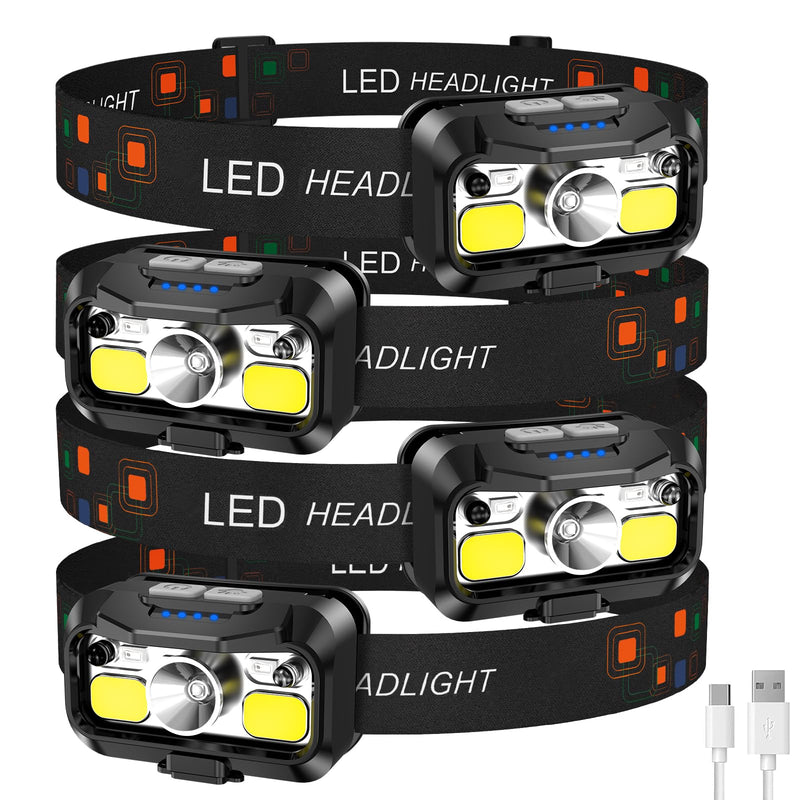 LHKNL Headlamp Rechargeable, Lumen Super Bright Motion Sensor Head Lamp Flashlight, Waterproof LED Headlight with White Red Light, 8 Mode Head Lights for Camping Cycling Running Fishing-4 Packs 4 Packs