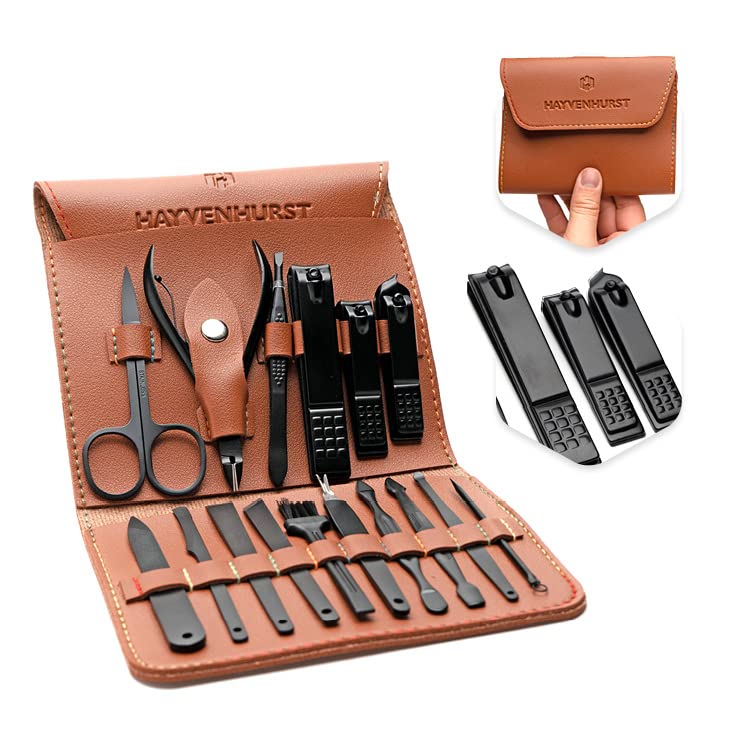 Nail Kit - Nail Clipper Set - Manicure Set -16 Stainless Steel Pieces Manicure Kit For Men’s - Pedicure Kit For Men - Mens Grooming Kit With Brown Leather portable Case by Hayvenhurst - BeesActive Australia