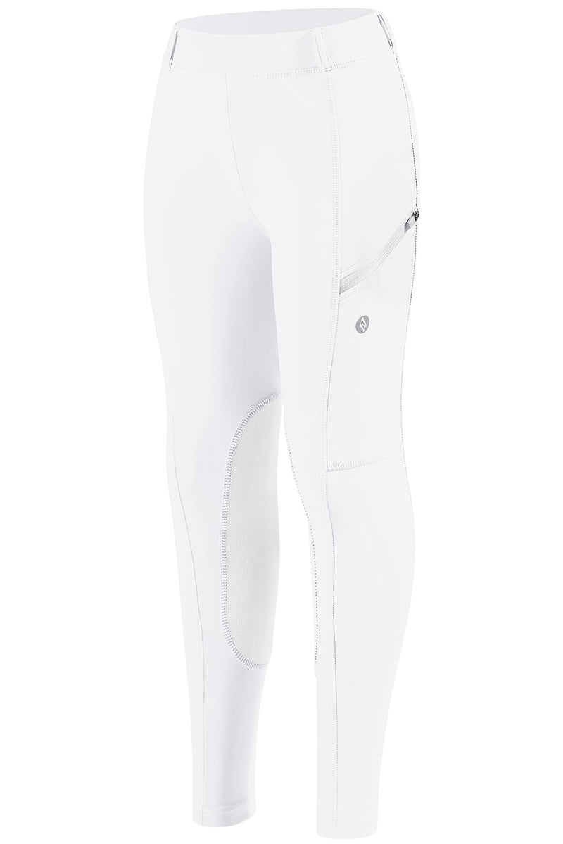 SANTINY Girls Horse Riding Pants with Zipper Pockets Kids Stretchy Equestrian Breeches Knee-Patch Youth Schooling Tights White Medium - BeesActive Australia