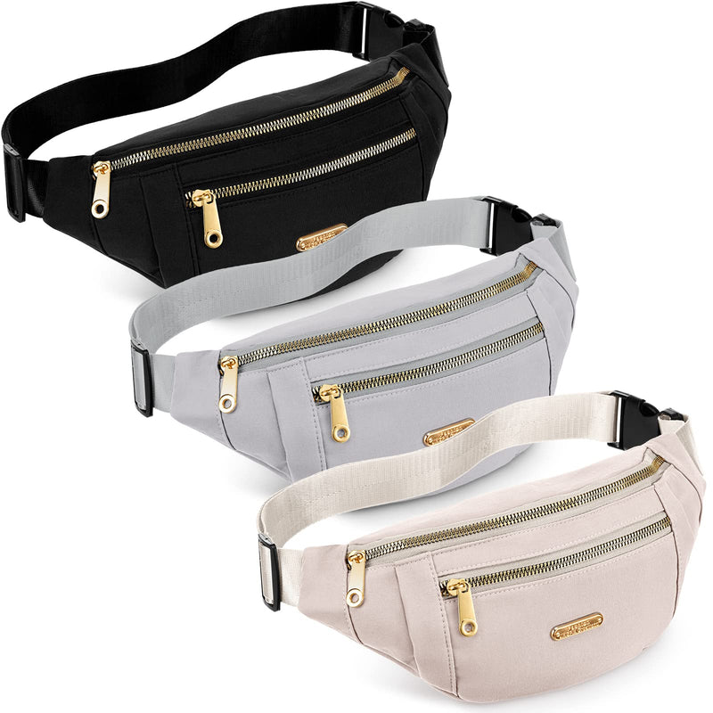 3 Pcs Waterproof Fanny Packs for Women and Men Waist Pack with Adjustable Strap Waist Pouch for Sports Running Exercise Walking Travel Black, Gray, White
