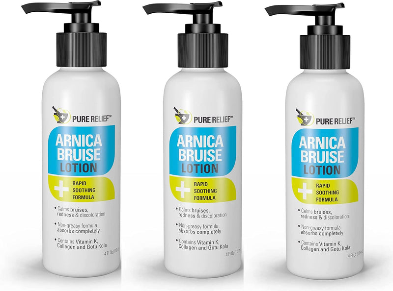 Pure Relief Arnica Cream Bruise Relief Lotion For Bruising | Arnica Montana Extra Strength Vitamin K Cream | Moisturizing Formula Skin Care Gel With Horse Chestnut & Collagen, 4 Fl Oz, 3PC 4 Fl Oz (Pack of 3)