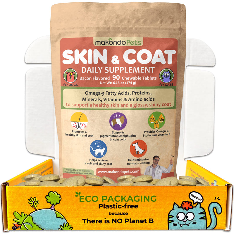 Skin and Coat Supplement with Fish Oil and Omega 3 for Dogs and Cats - Dog Itch Relief Pet Supplement for Shedding, Dry Itchy Skin and Allergies - Dog Allergy Treatment Vitamins (90 Tabs) Pouch (90 Tabs)