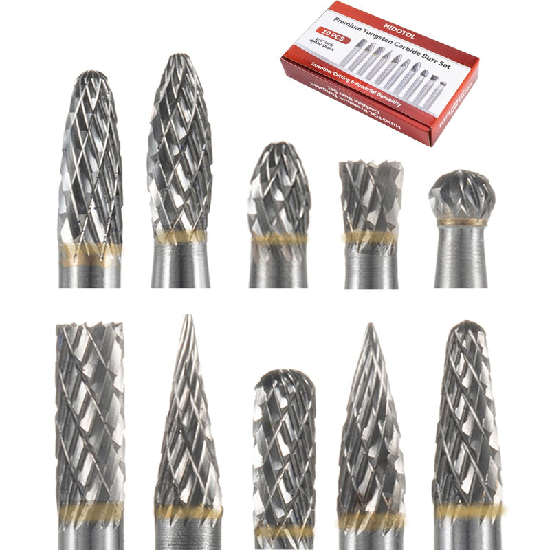 HIDOTOL Carbide Burr Set 10PC 1/4" Shank – 6mm Tungsten Double Cut Carbide Rotary Burr Set for Metal and Wood Carving, Grinding, Polishing, Engraving, Drilling. 10PC 1/4 shank 6mm - BeesActive Australia