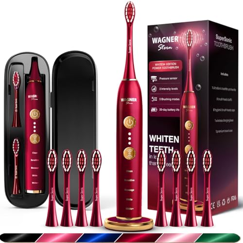 Wagner Stern WHITEN+ Electric Toothbrush, 48,000 VPM, Pressure Sensor, 5 Modes, 8 Brush Heads, Travel Case Ruby Red