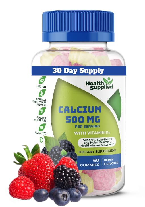 Health Supplied Calcium 500mg with Vitamin D3 1000 IU Gummies | Daily Dietary Supplement | Bone Strength, Growth, Teeth | for Adults, Teens, Kids | Great Tasting Natural Berry Flavor Vitamin Gummy 60 Count (Pack of 1)