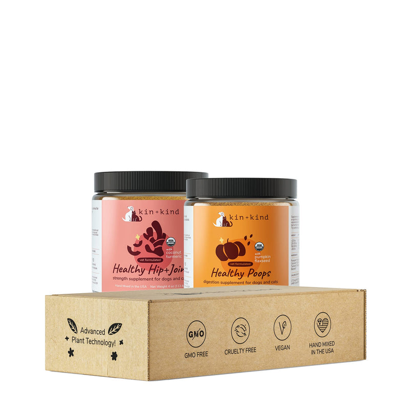 kin+kind Probiotics + Hip & Joint Bundle for Dogs & Cats – Natural Digestive & Joint Support with Prebiotics, Fiber & Turmeric – Vet Formulated Pet Supplements – Made in USA - 4 oz Each (2 Jars)