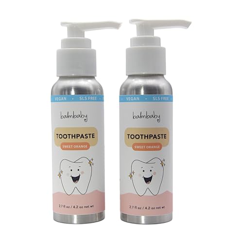Kids Natural Fluoride Free Toothpaste with Xylitol in a Pump Bottle – SLS Free Toothpaste with Xylitol, Vegan Gluten Free - Kids Teeth Paste in Pump Bottle (2 Pack: Orange) 2 Pack: Sweet Orange